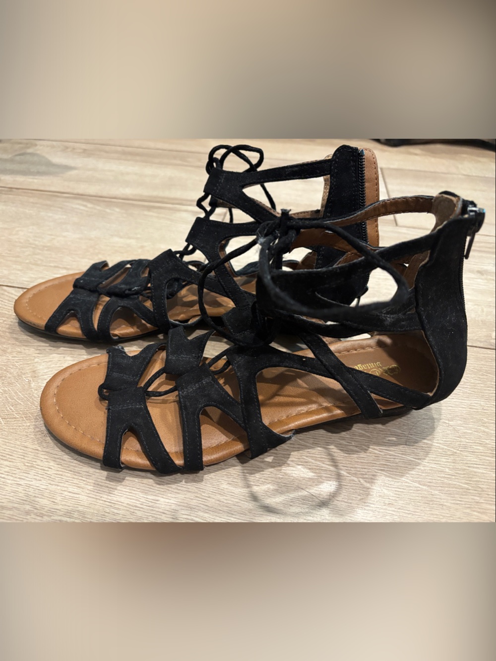 Black Lace-Up Gladiator Sandals with Tan Footbed